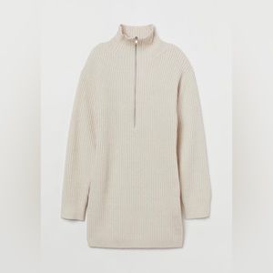 H&M Light Beige Melange Sweater Rib-knit Dress High Collar with Half Zip